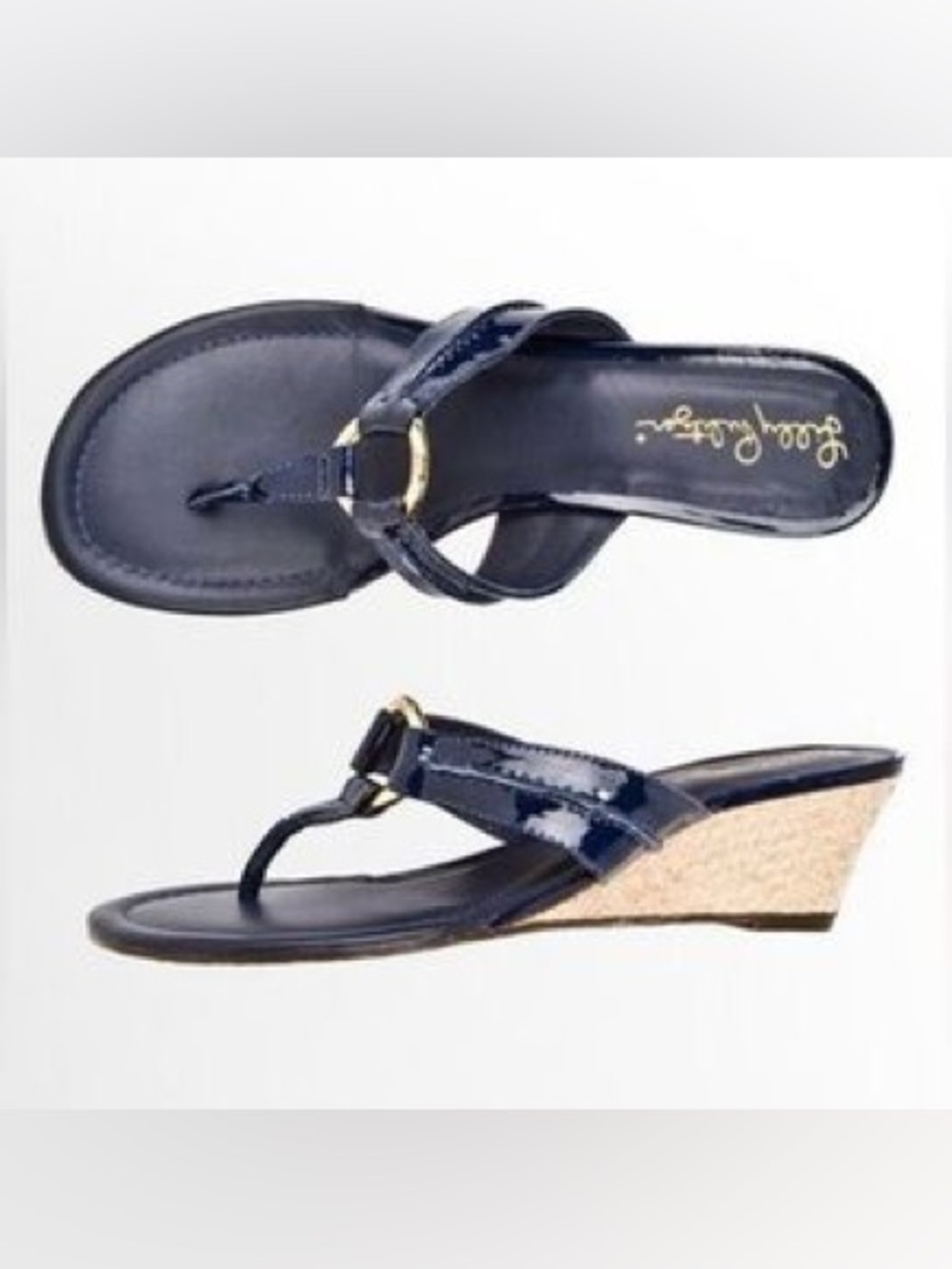 Lilly Pulitzer Navy Patent Wedge Thong Sandals with Gold Ring Accent